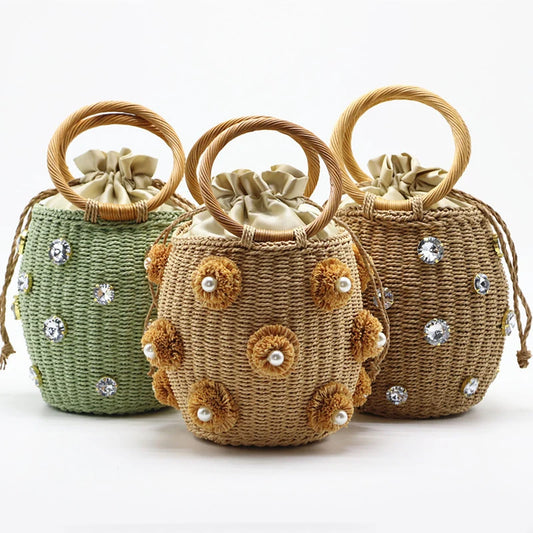 Handmade Rhinestone Crystal Straw Bag