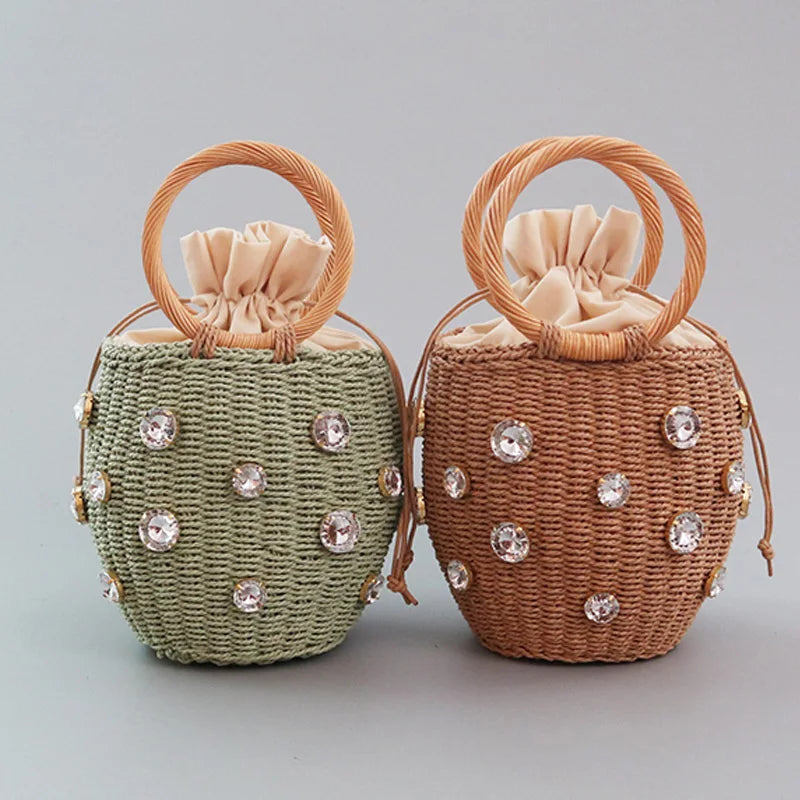 Handmade Rhinestone Crystal Straw Bag