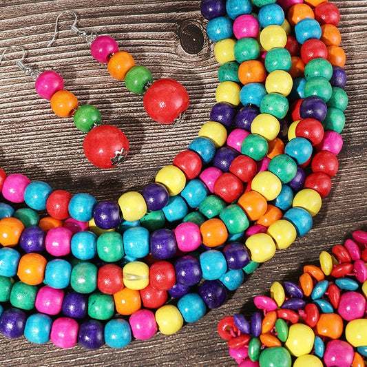 African Multi-layer Wooden Beads Jewelry Set