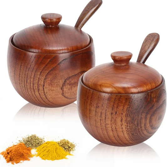 Natural Wooden Salt Cellar with Lid and Spoon
