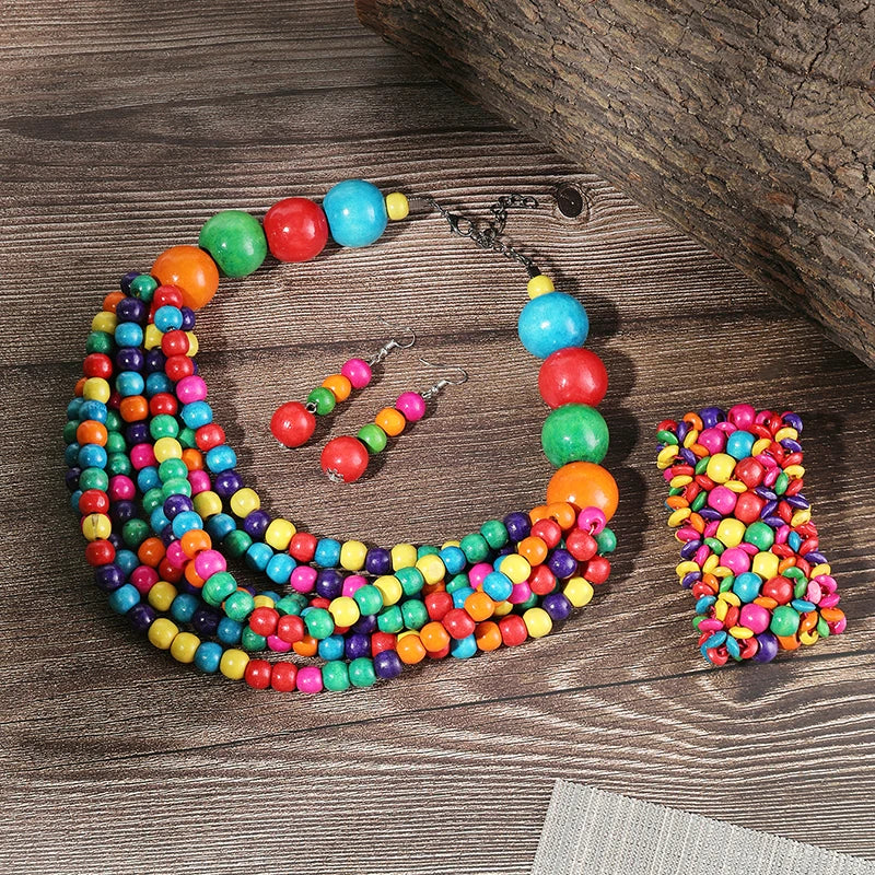 African Multi-layer Wooden Beads Jewelry Set