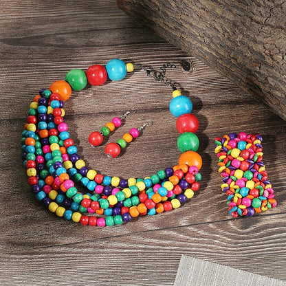 African Multi-layer Wooden Beads Jewelry Set
