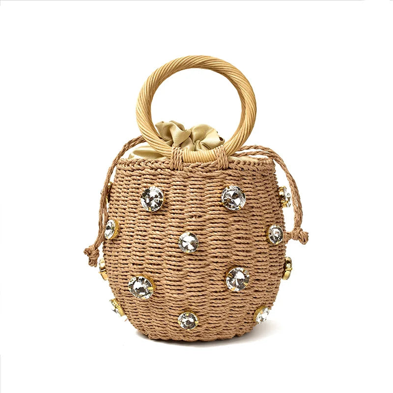 Handmade Rhinestone Crystal Straw Bag