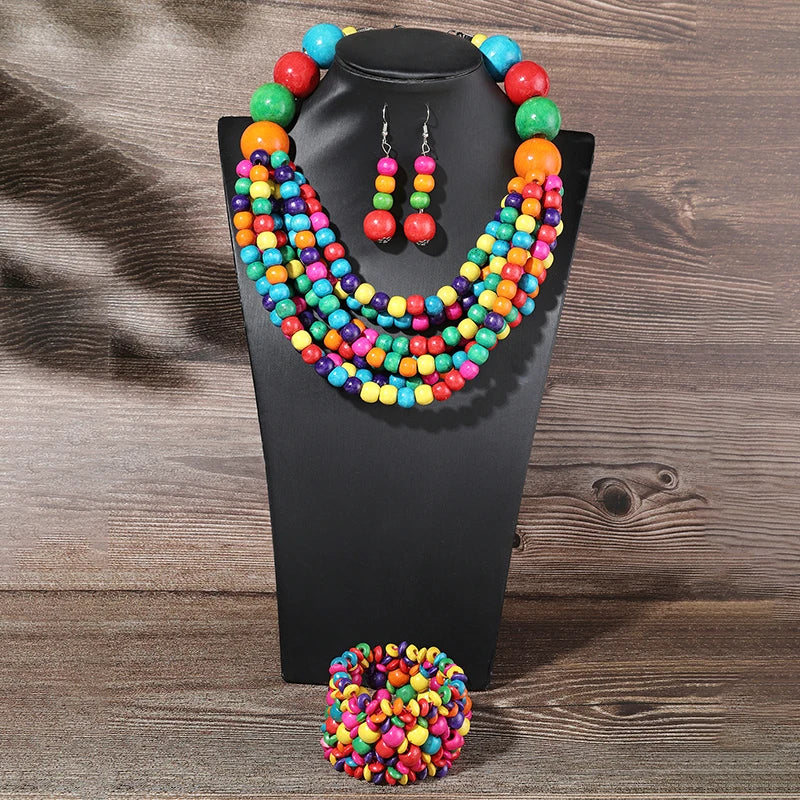 African Multi-layer Wooden Beads Jewelry Set