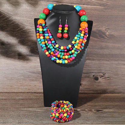 African Multi-layer Wooden Beads Jewelry Set