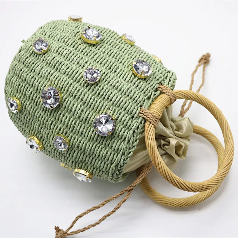 Handmade Rhinestone Crystal Straw Bag