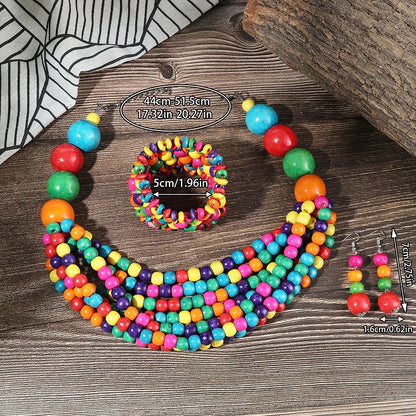 African Multi-layer Wooden Beads Jewelry Set
