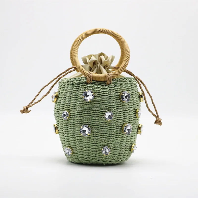 Handmade Rhinestone Crystal Straw Bag