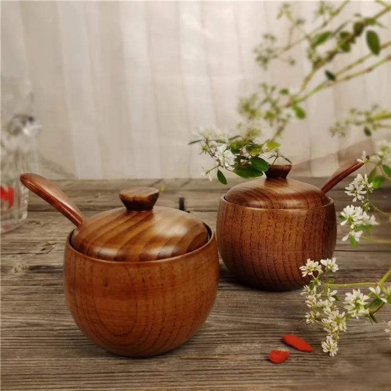 Natural Wooden Salt Cellar with Lid and Spoon