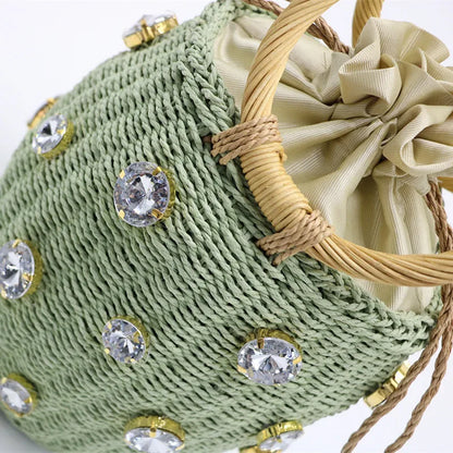 Handmade Rhinestone Crystal Straw Bag