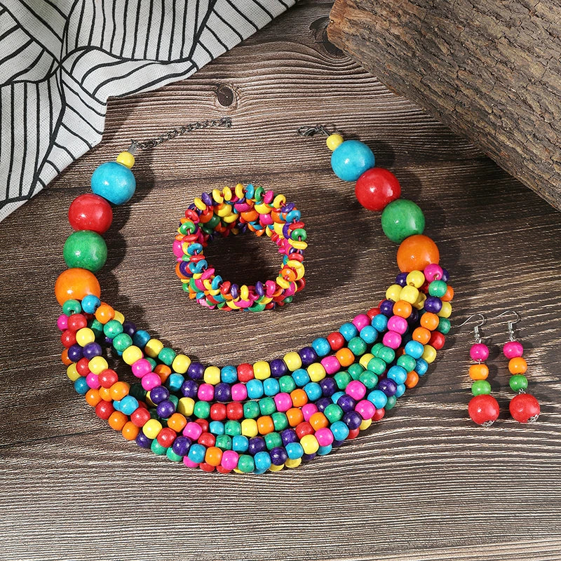 African Multi-layer Wooden Beads Jewelry Set