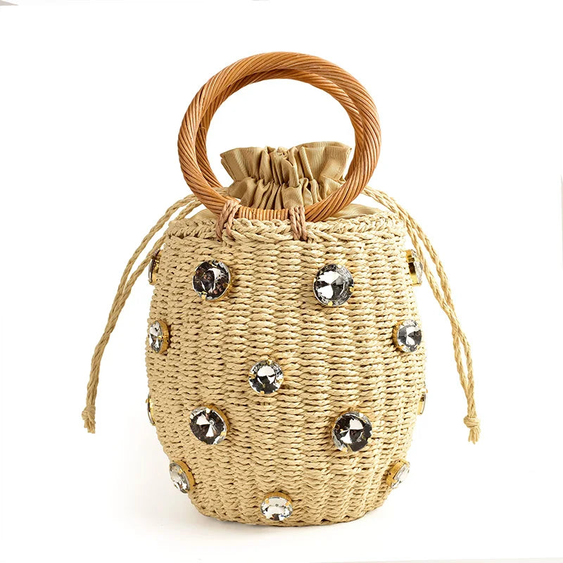 Handmade Rhinestone Crystal Straw Bag