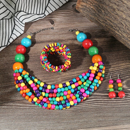 African Multi-layer Wooden Beads Jewelry Set