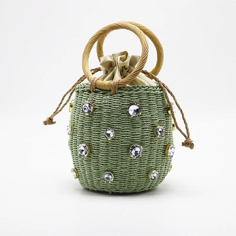 Handmade Rhinestone Crystal Straw Bag