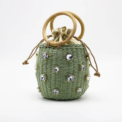 Handmade Rhinestone Crystal Straw Bag