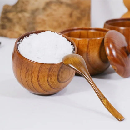 Natural Wooden Salt Cellar with Lid and Spoon