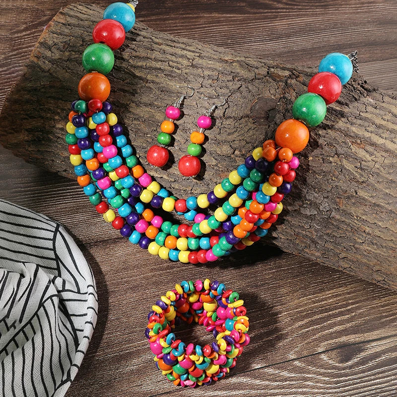 African Multi-layer Wooden Beads Jewelry Set