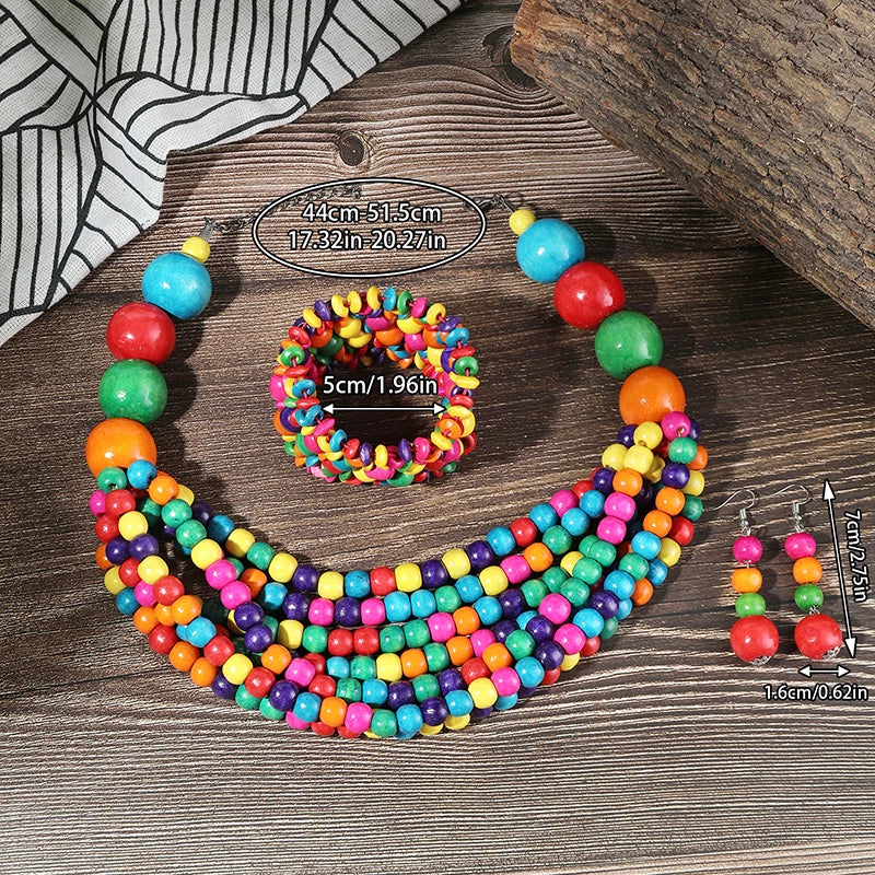 African Multi-layer Wooden Beads Jewelry Set