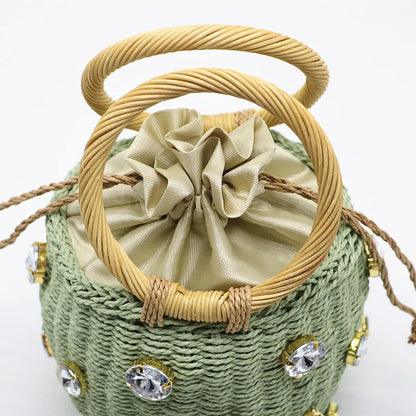 Handmade Rhinestone Crystal Straw Bag