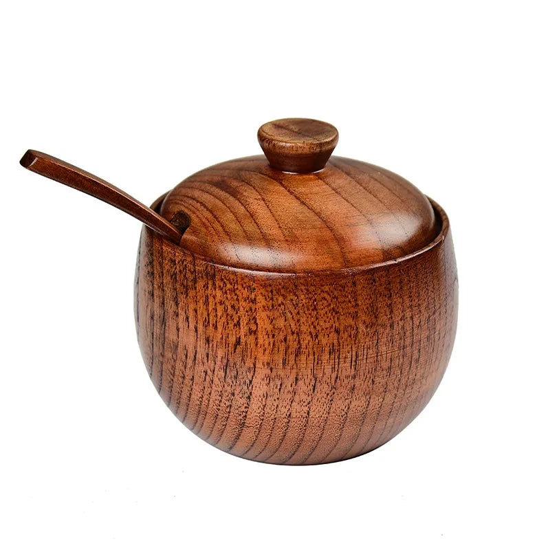 Natural Wooden Salt Cellar with Lid and Spoon