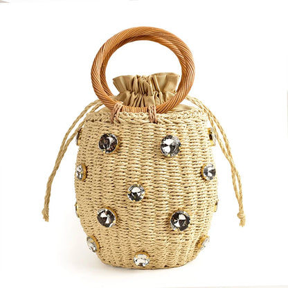 Handmade Rhinestone Crystal Straw Bag